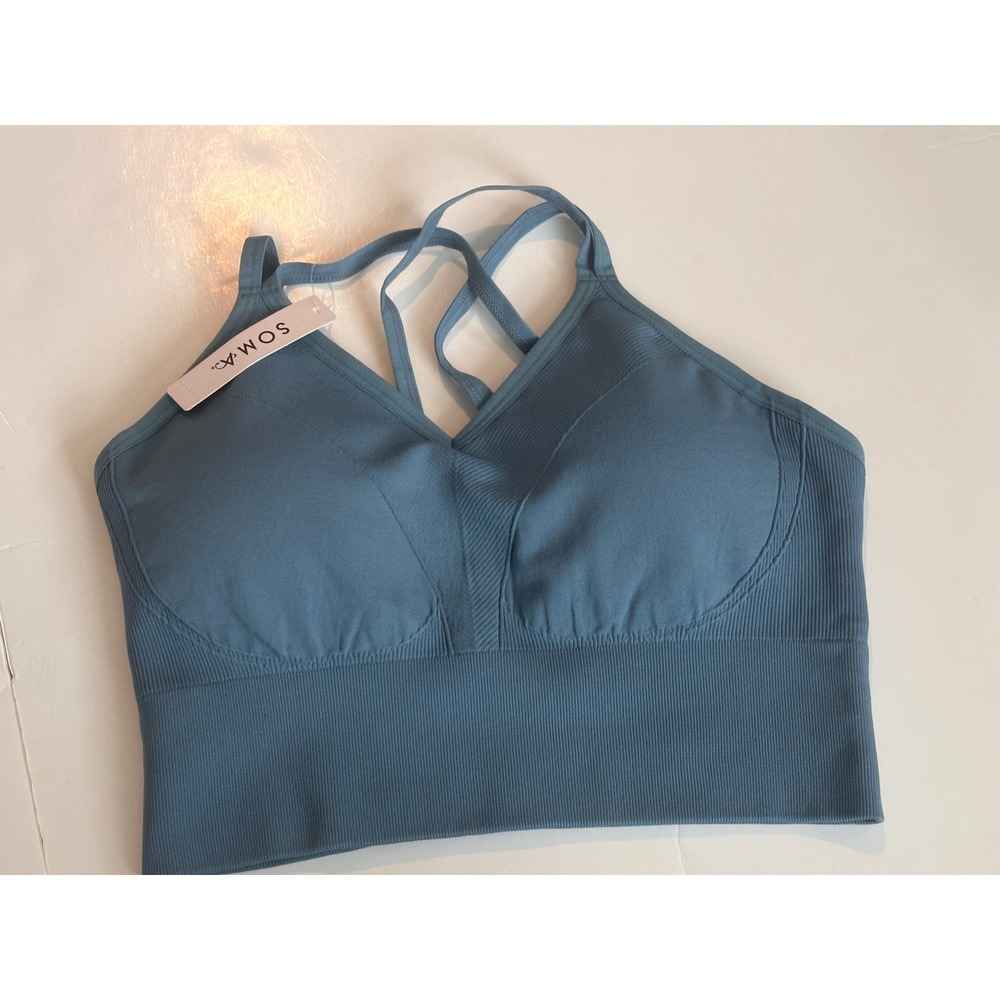 Soma Sport Longline Strappy Bra Blue Heaven Ribbed Seamless Medium NWT 570333858